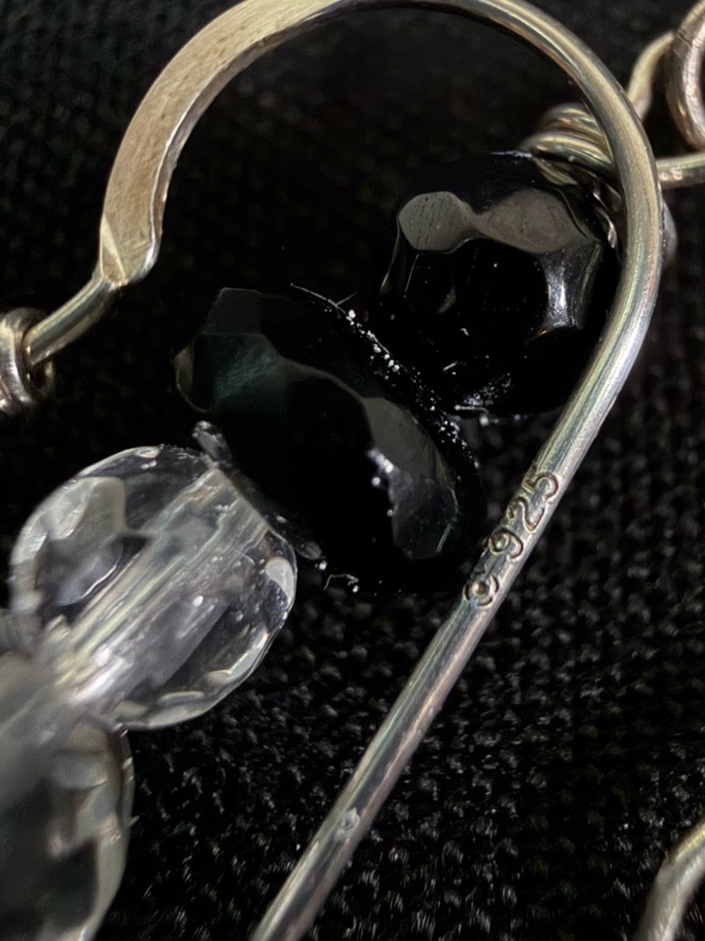 Sterling Silver Onyx and Crystal Artisan Hand Crafted Dangle Earrings - Picture 3 of 7